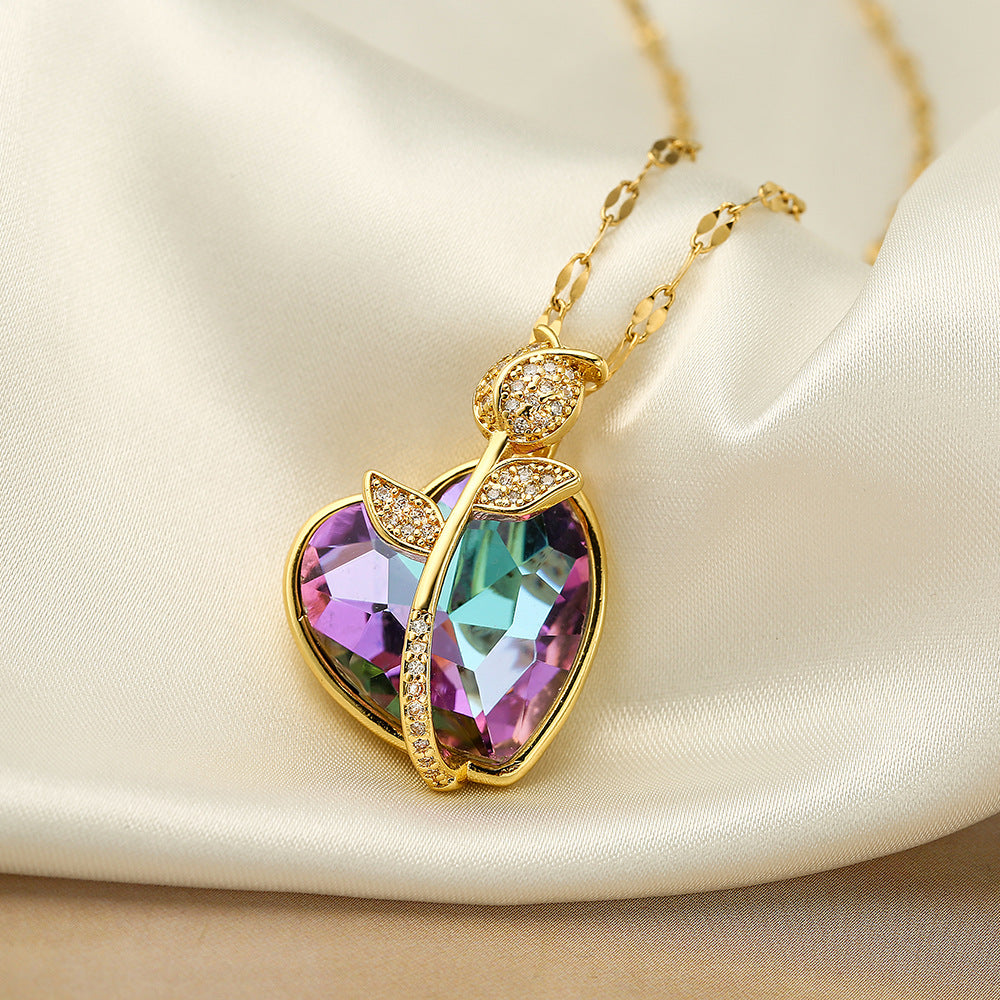 Romantic Rose Flower Shaped Pendant Necklace for Women with Copper Base Plated in 18K Gold and Zircon Accents Ocean Heart Design