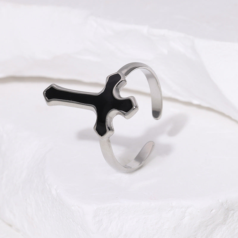 Vintage Cross Shape Enamel Titanium Steel Adjustable Ring for Men and Women