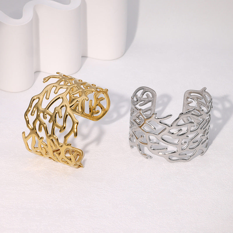Vintage Irregular Hollow-Out Wide Cuff Bracelet for Women in Stainless Steel with Plated Finish