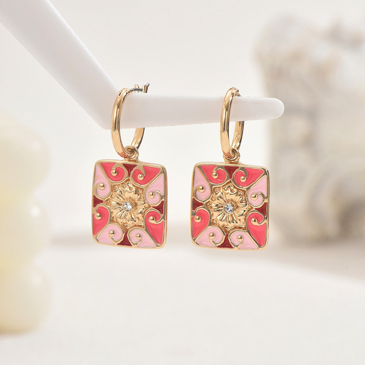 Minimalist Geometric Enamel Rhinestone Stud Earrings for Women in Zinc Alloy with Stainless Steel Posts