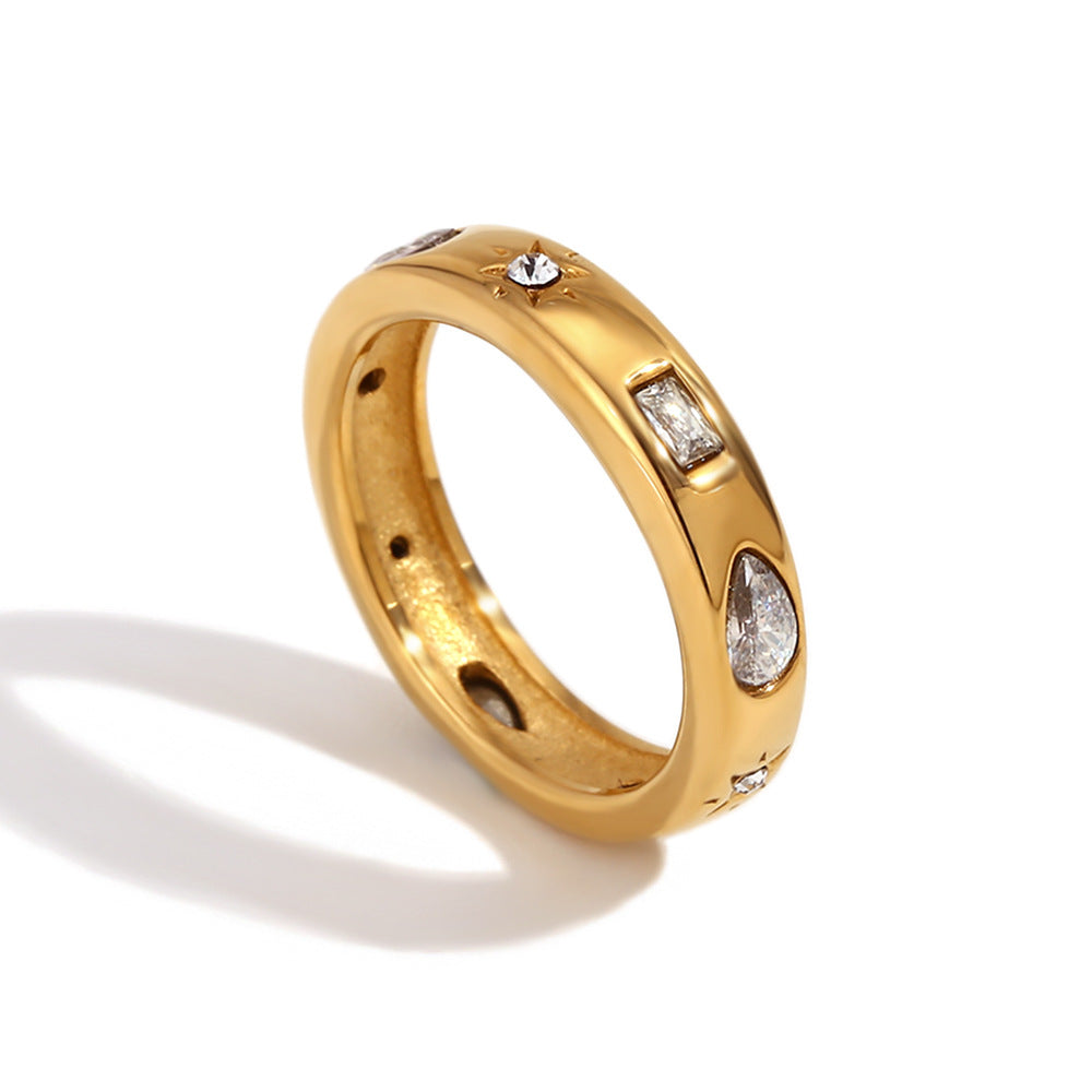 Anillo de Acero Inoxidable Minimalista Bañado en Oro de 18K con Estrella, Gota de Agua, Geométrico de Zirconia y Diamante Blanco para Mujer