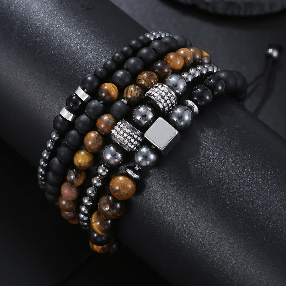 Natural Tiger's Eye and Hematite Beaded Bracelet Set with Cubic Zirconia Accents for Men and Women DIY Charm Bar