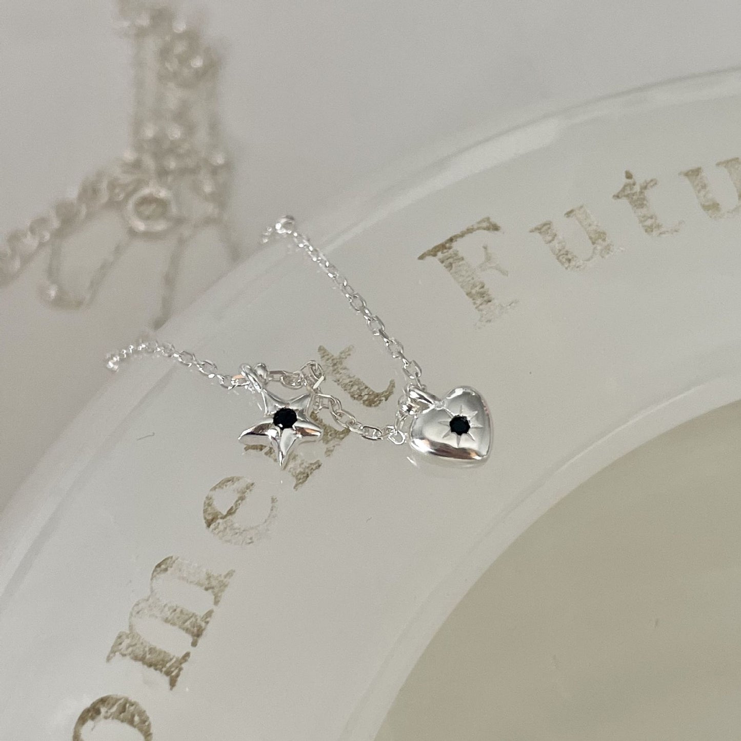 Minimalist Star and Heart Pendant Necklace in 925 Sterling Silver with Beaded Accent on Box Chain