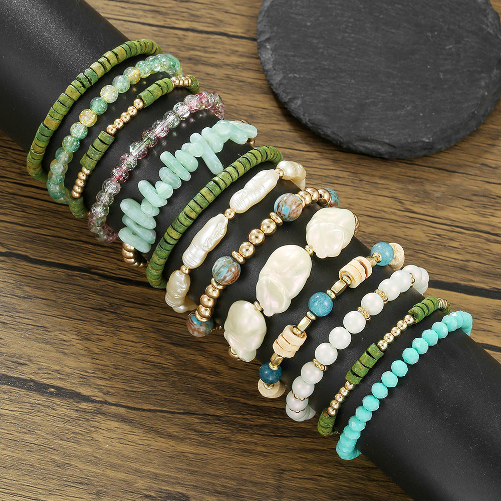 Bohemian Multi-Layer Geometric Coconut Shell Handmade Beaded Bracelet Set with Crystal and Pearl
