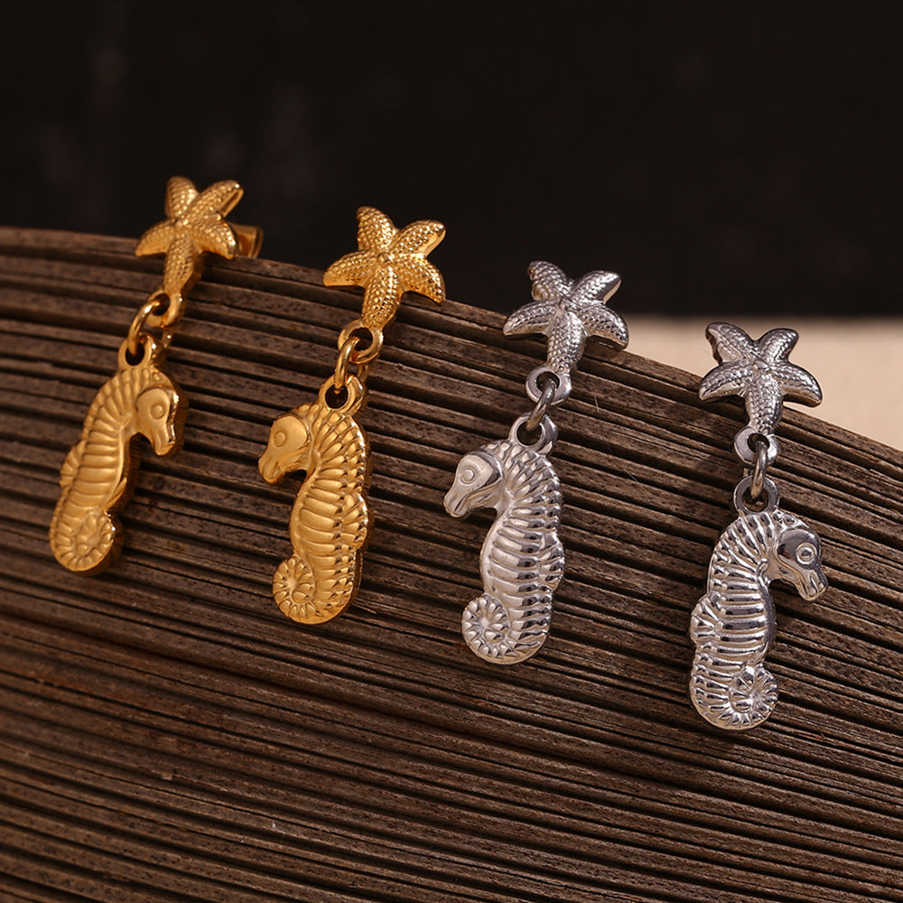 Fashionable Vintage Starfish and Seahorse Stud Earrings for Women in Stainless Steel with 18K Gold Plating