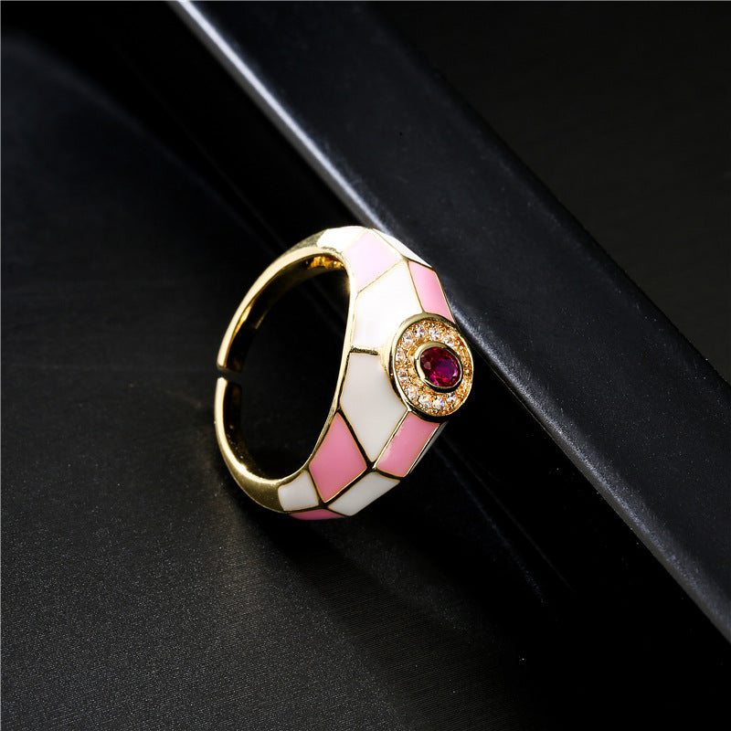 Sweet 18K Gold Plated Square Geometric Brass Ring with Drip Oil and Cubic Zirconia Inlay for Women