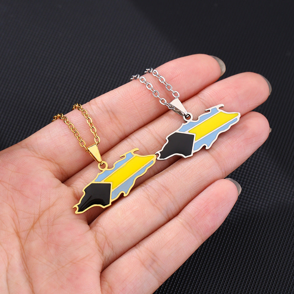 Collana pendente con mappa geometrica di Nassau (Bahamas) e bandiera, da donna, in acciaio inossidabile con finitura placcata, stile catena a O