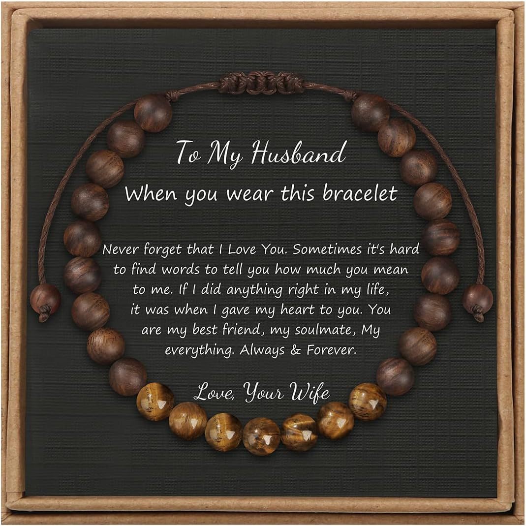 Men's Geometric Tiger's Eye Beaded Bracelet Adjustable Double Layer Handmade Gift