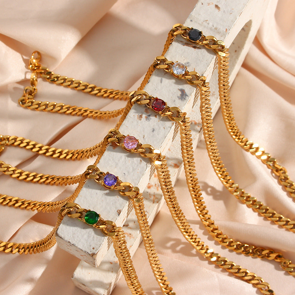 Fashion Geometric 18K Gold Plated Stainless Steel Cuban Chain Necklace with Round Zircon for Women