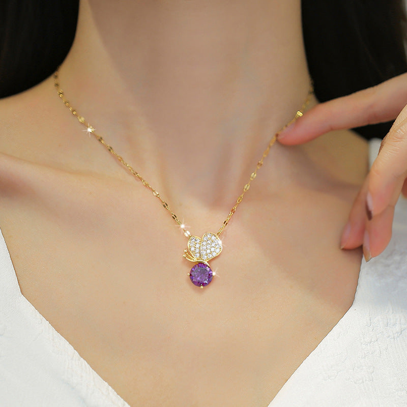 Luxury Purple Butterfly Rhinestone Necklace for Women Titanium Steel Delicate Clavicle Chain for Wedding Party and Formal Events
