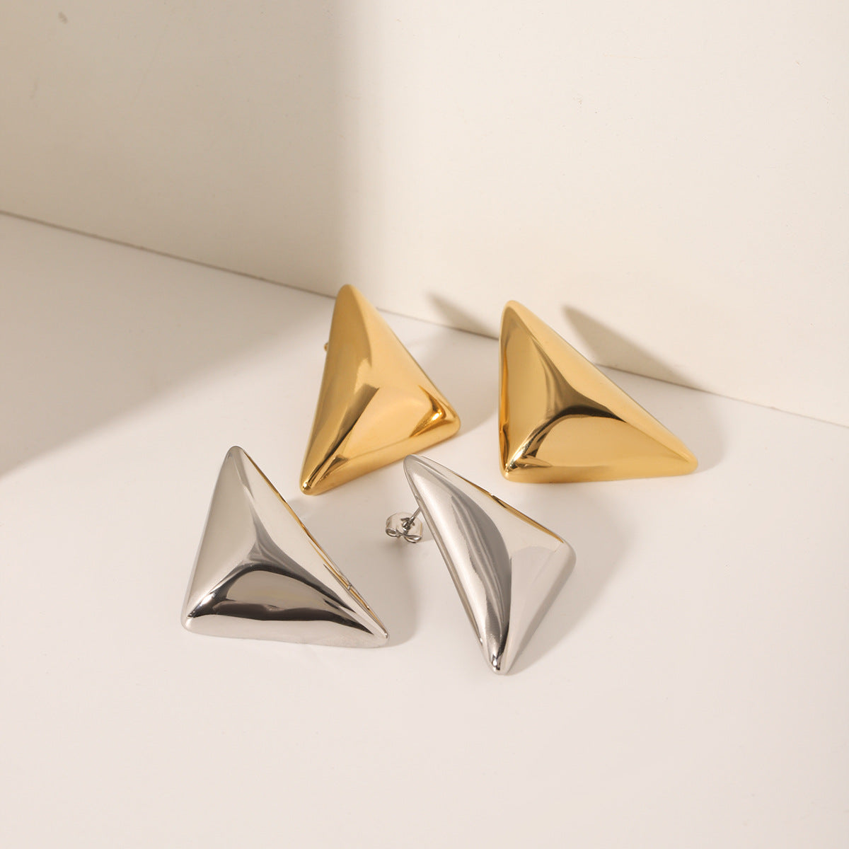 Minimalist Cold-Tone Geometric Triangle Stainless Steel Earrings for Women with Plated Finish Hypoallergenic Titanium Steel Studs