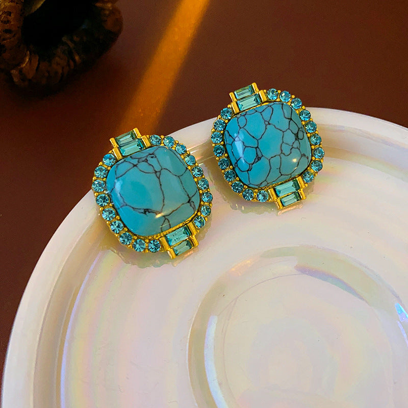 Vintage Geometric Turquoise-Inlaid Stud Earrings with Rhinestone Accents for Women