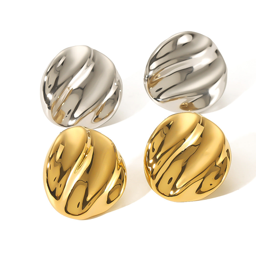 Ins Style Wavy Textured Round Titanium Steel Earrings with Gold Plating for Women
