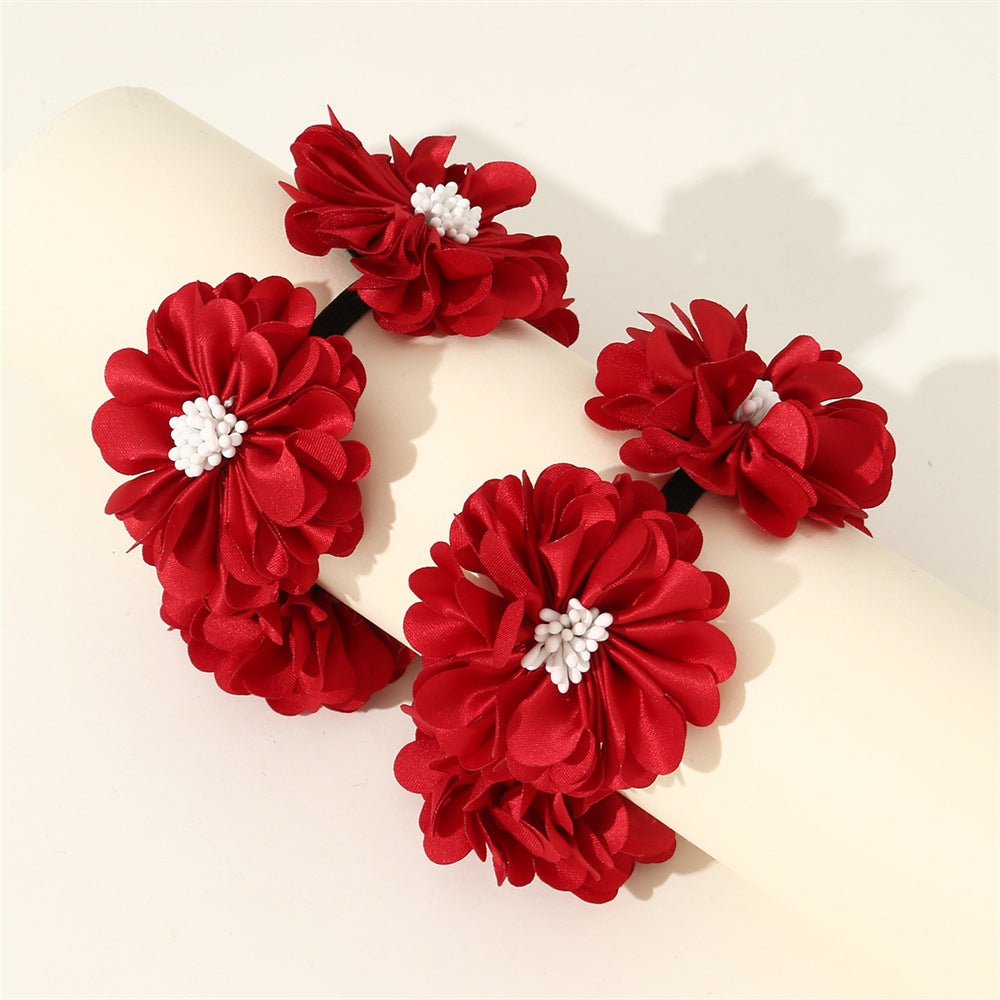 Elegant Floral Hair Ties Set for Kids - Solid Color Fabric Hair Bands with Flower Embellishment in Princess Style