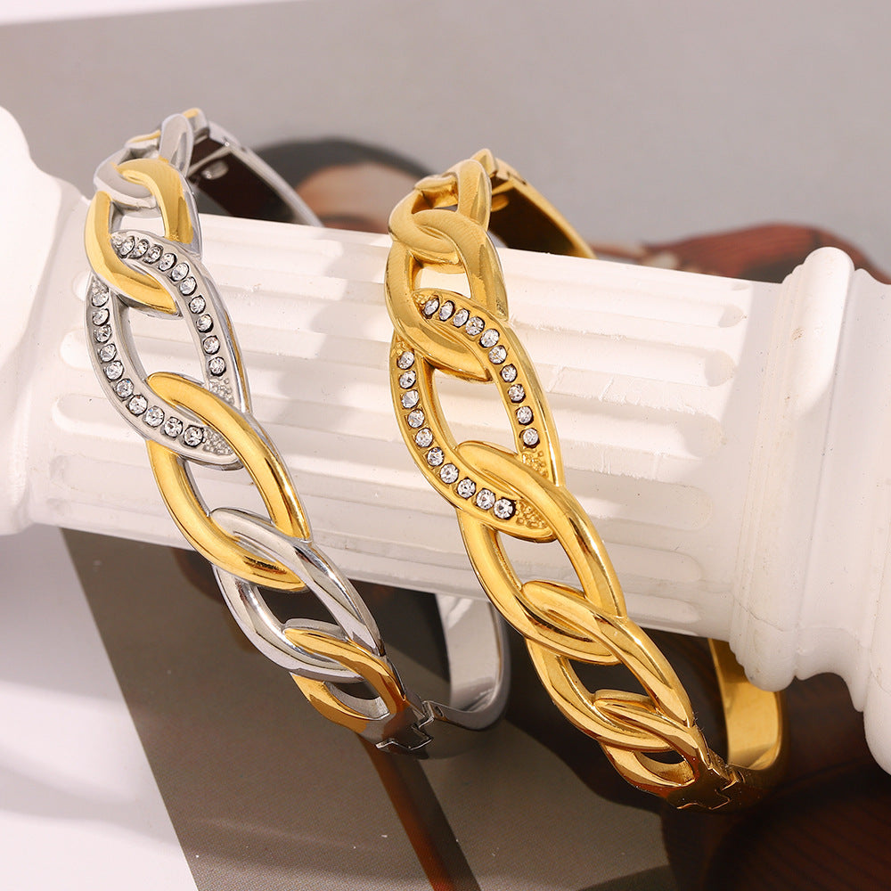 Fashionable Geometric Eye-Shaped Stainless Steel Bracelet with 18K Gold Plating and Zircon Inlay