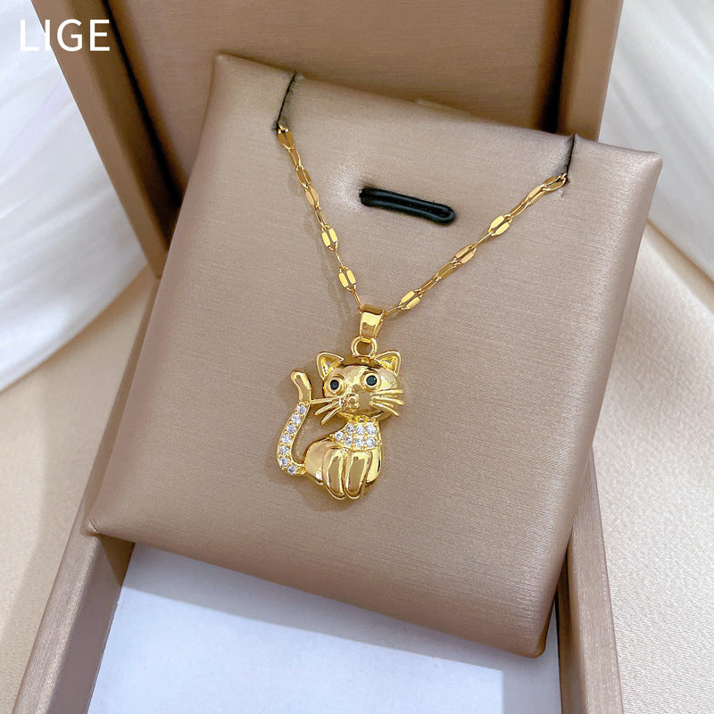Collana Elegante di Lusso con Gatto Nero e Zirconi per Donne e Uomini, Girocollo con Ciondolo Geometrico in Acciaio al Titanio