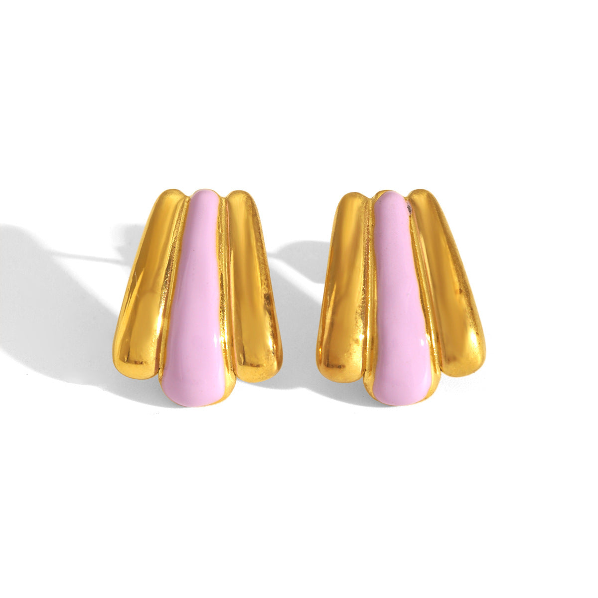 Geometric Fan-Shaped Enamel Stainless Steel Earrings with 18K Gold Plating for Women