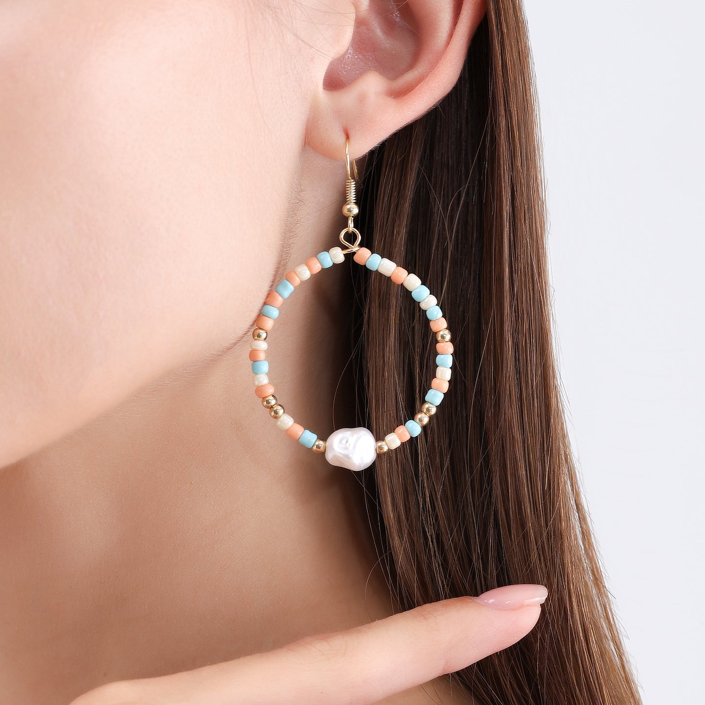 Fashionable Geometric Circle Earrings for Women in Alloy with Plating Finish, Imitation Pearl and Moon Motif Design