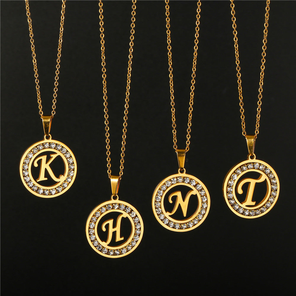 Minimalist Gold Plated Round Letter Rhinestone Inlay Pendant Necklace Titanium Steel Cable Chain