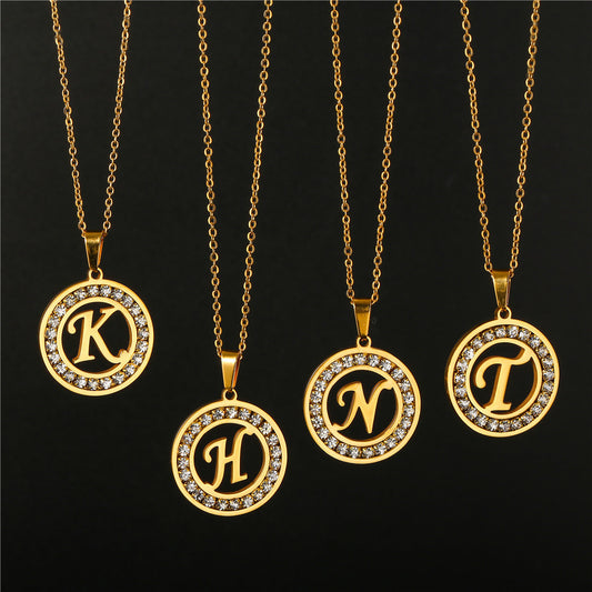 Minimalist Gold Plated Round Letter Rhinestone Inlay Pendant Necklace Titanium Steel Cable Chain
