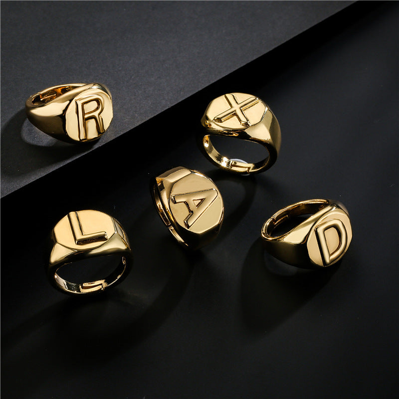 18K Gold Plated Brass Letter Open Ring for Women Adjustable