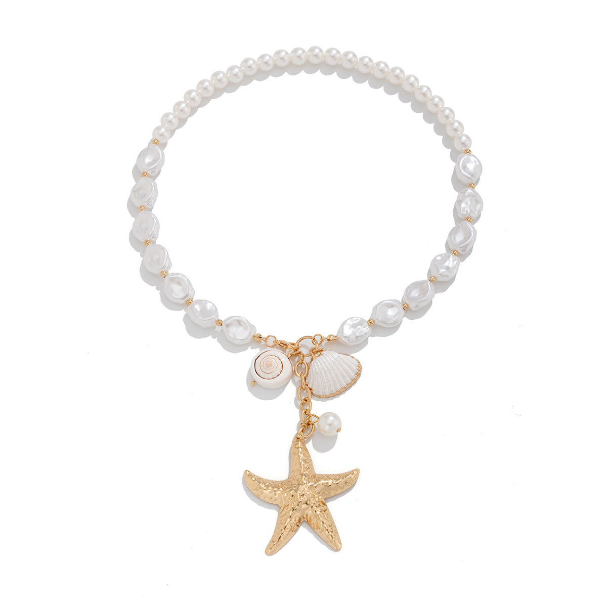 Vintage Starfish Shell Beaded Necklace with Faux Pearls for Women