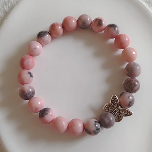 Natural Pink Zebra Stone Butterfly Geometric 800 Silver Beaded Bracelet Unisex Casual Business Fashion