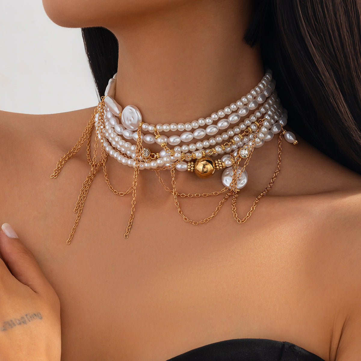 Luxury Elegant Geometric Alloy Plated Pearl Ball Chain Tassel Necklace for Women