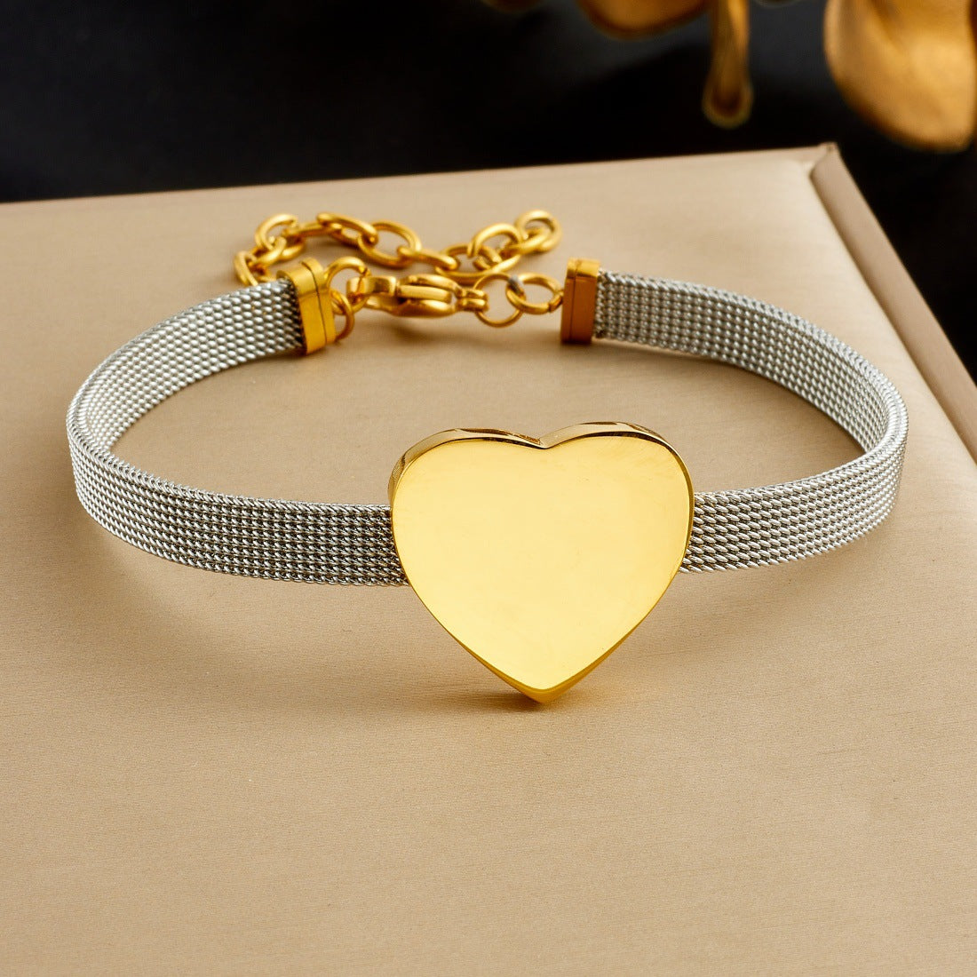 Minimalist Gold Plated Heart Mesh Chain Stainless Steel Bracelet