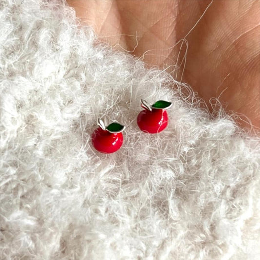 Minimalist Red Apple Stud Earrings for Women in 925 Sterling Silver with Enamel Finish and Geometric Shape