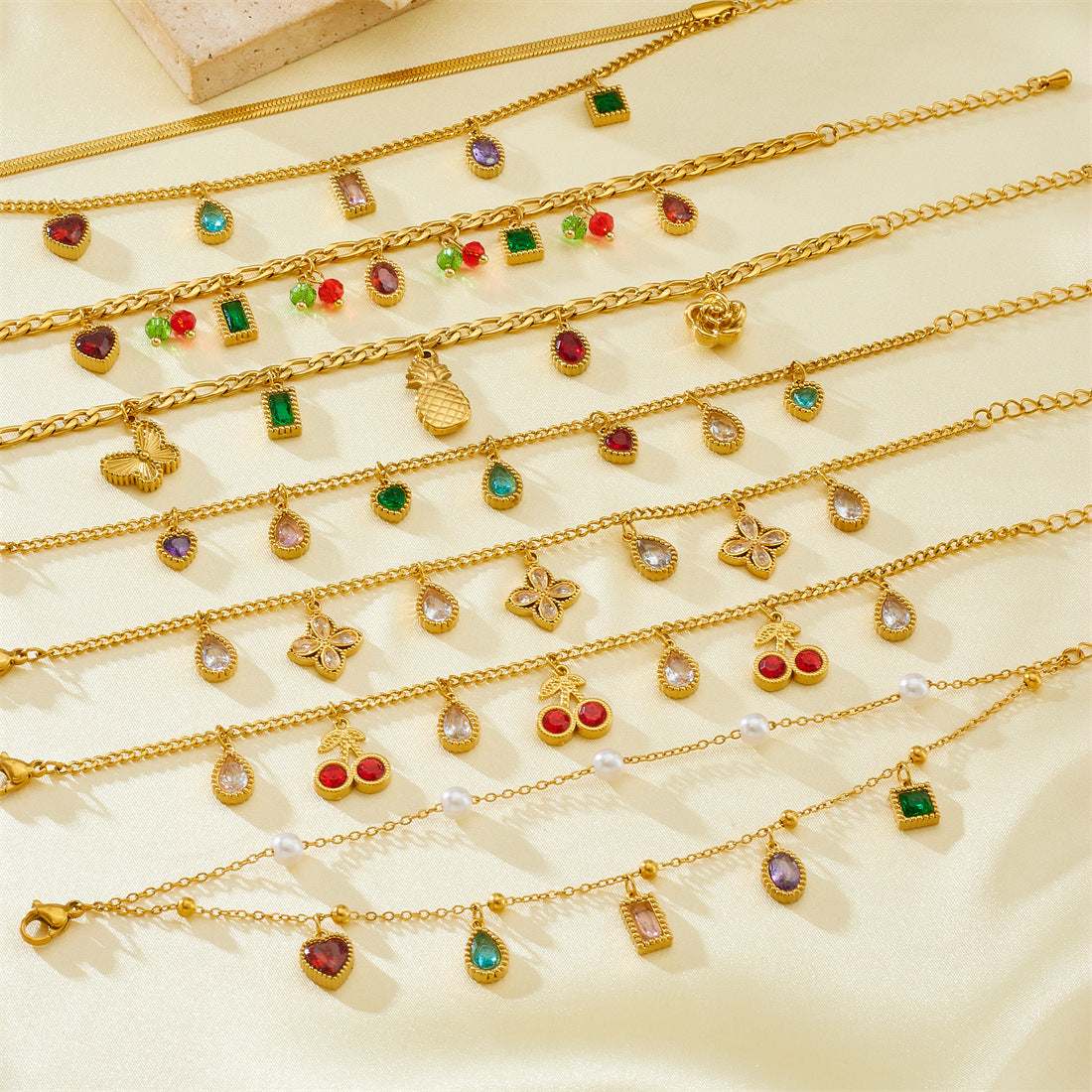 Minimalist Sweet Stainless Steel Drip Oil Plated Heart Floral Fruit Rhinestone Bracelet