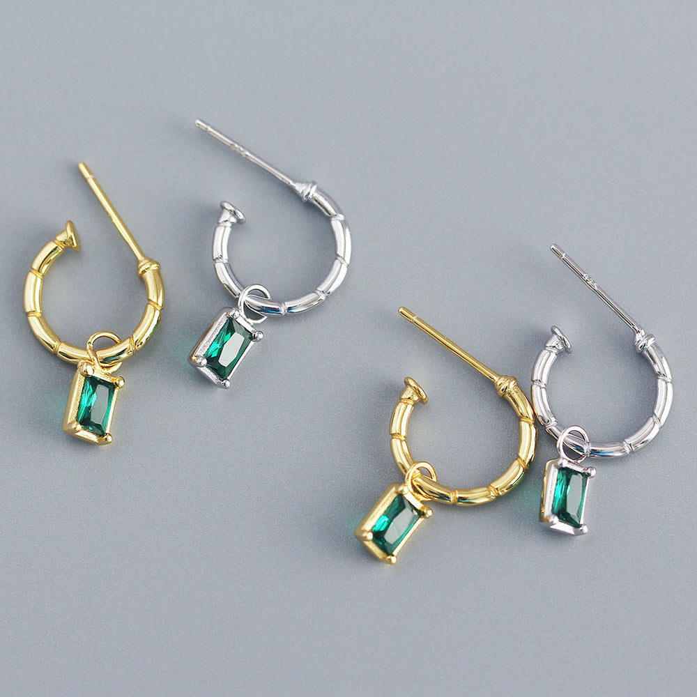 Elegant 925 Sterling Silver Geometric C-Shaped Earrings with Emerald Cubic Zirconia Inlay for Women