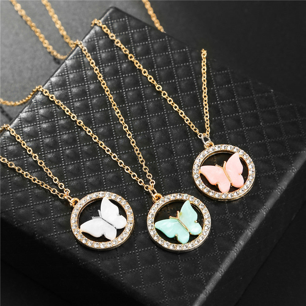 Sweet Rhinestone Inlaid Acrylic Alloy Butterfly Necklace