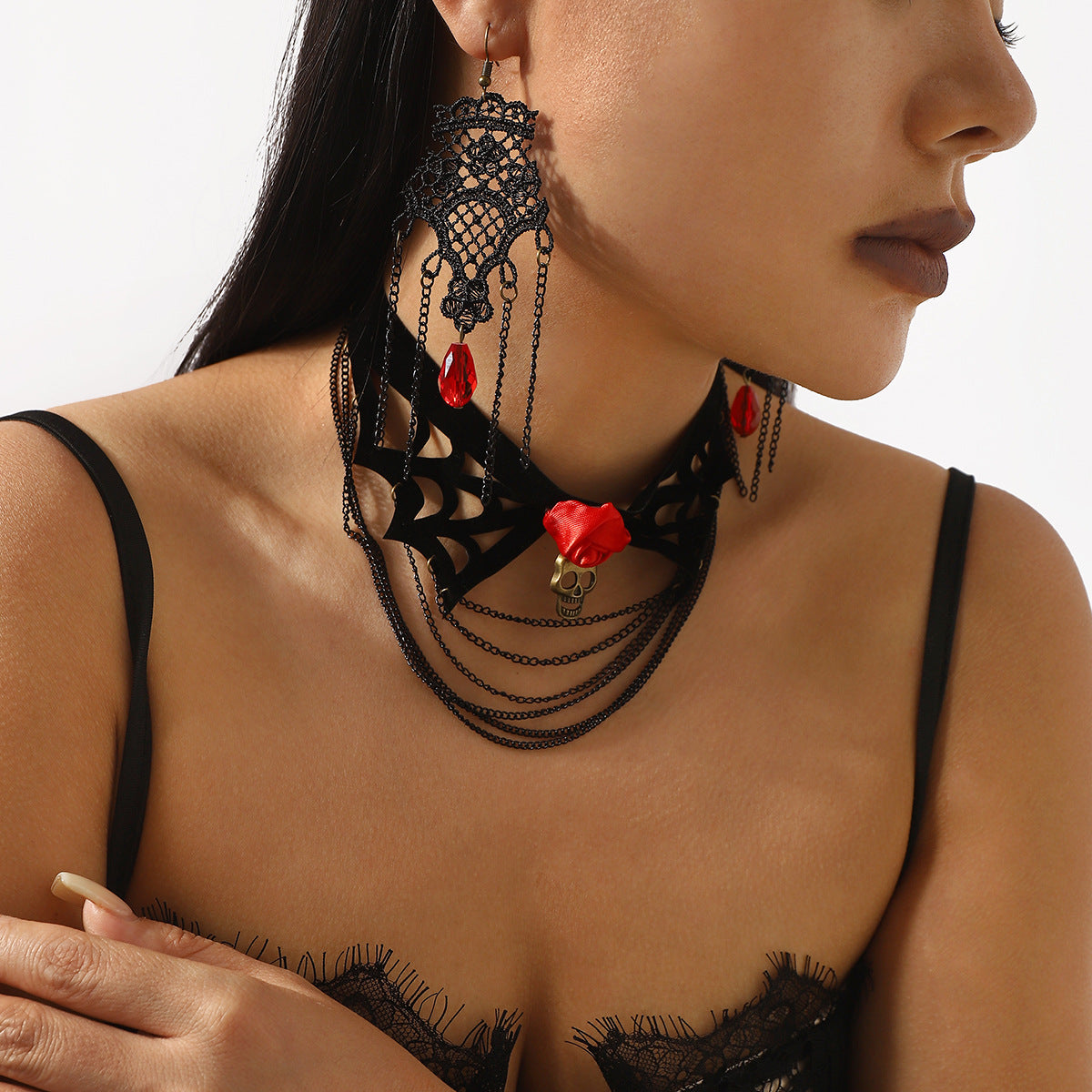 Gothic Halloween Black Multi-Layer Rose Necklace and Earrings Set for Women with Electroplated Iron Pendant and Velvet Accents