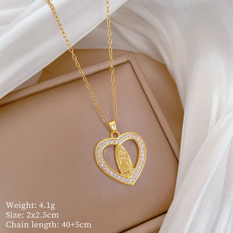 Collana minimalista in acciaio al titanio a forma di cuore con intarsio completo di strass da donna, delicata catena clavicola