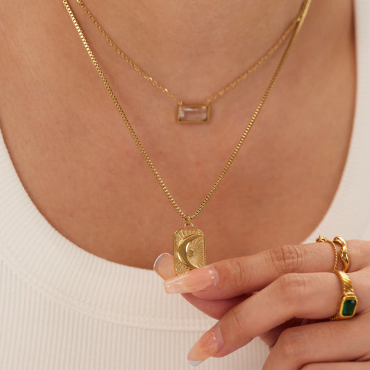 Minimalist Moon and Sun Geometric Pendant Necklace in Stainless Steel with Rhinestone Inlay on O-Chain for Women