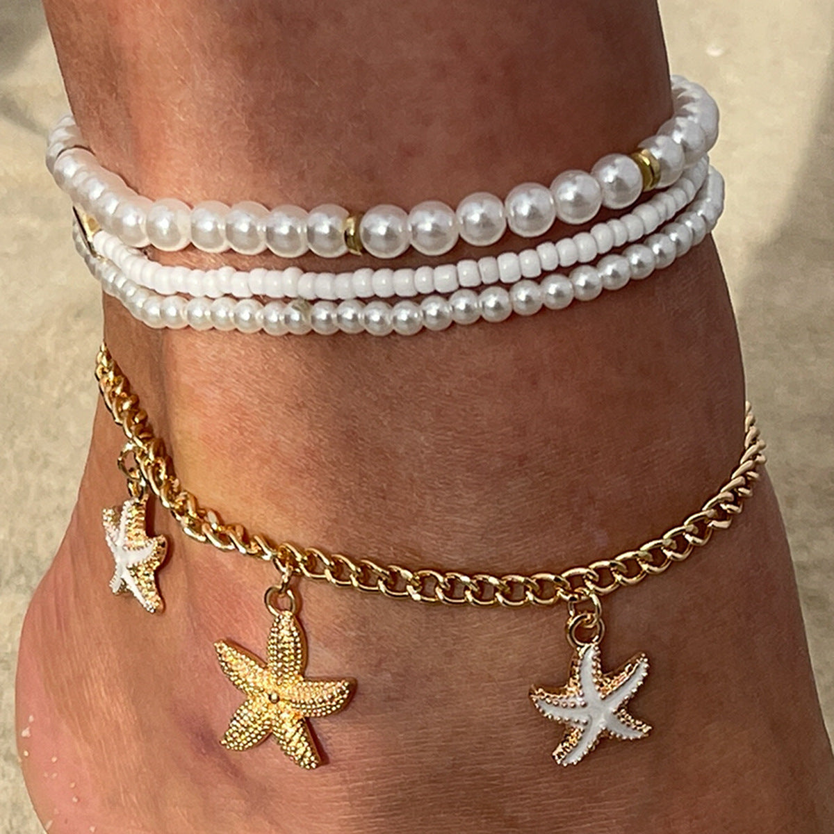 Tobillera Minimalista de Estrella de Mar para Mujer con Perla de Imitación y Abalorios en Cadena de Aleación Plateada