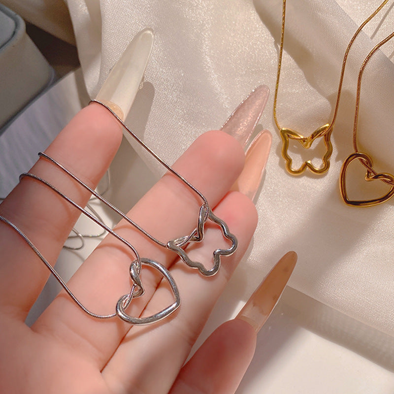 Sweet Streetwear Hollow Butterfly Heart Titanium Steel Plated Snake Chain Necklace