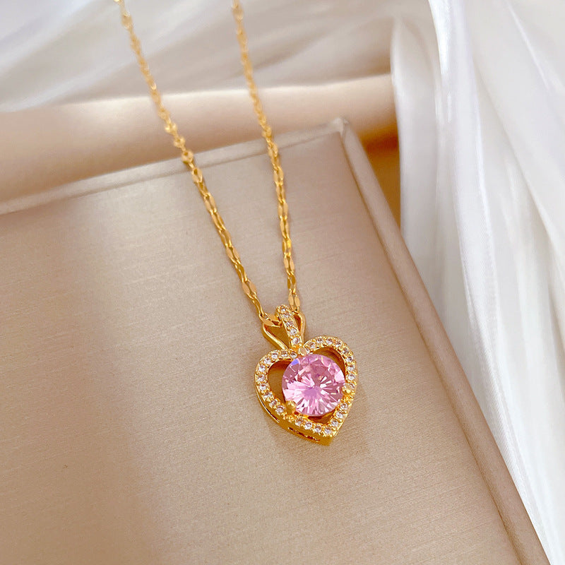 Collar con colgante de lujo de acero de titanio en forma de corazón para mujer con incrustaciones de diamantes de imitación, diseño geométrico, delicada cadena de clavícula
