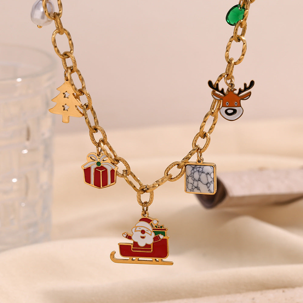 Bonito Collar con Colgante de Personaje de Dibujos Animados en Acero Inoxidable con Baño de Oro de 18K, Cadena Hecha a Mano, Diseño Temático Navideño para Mujeres