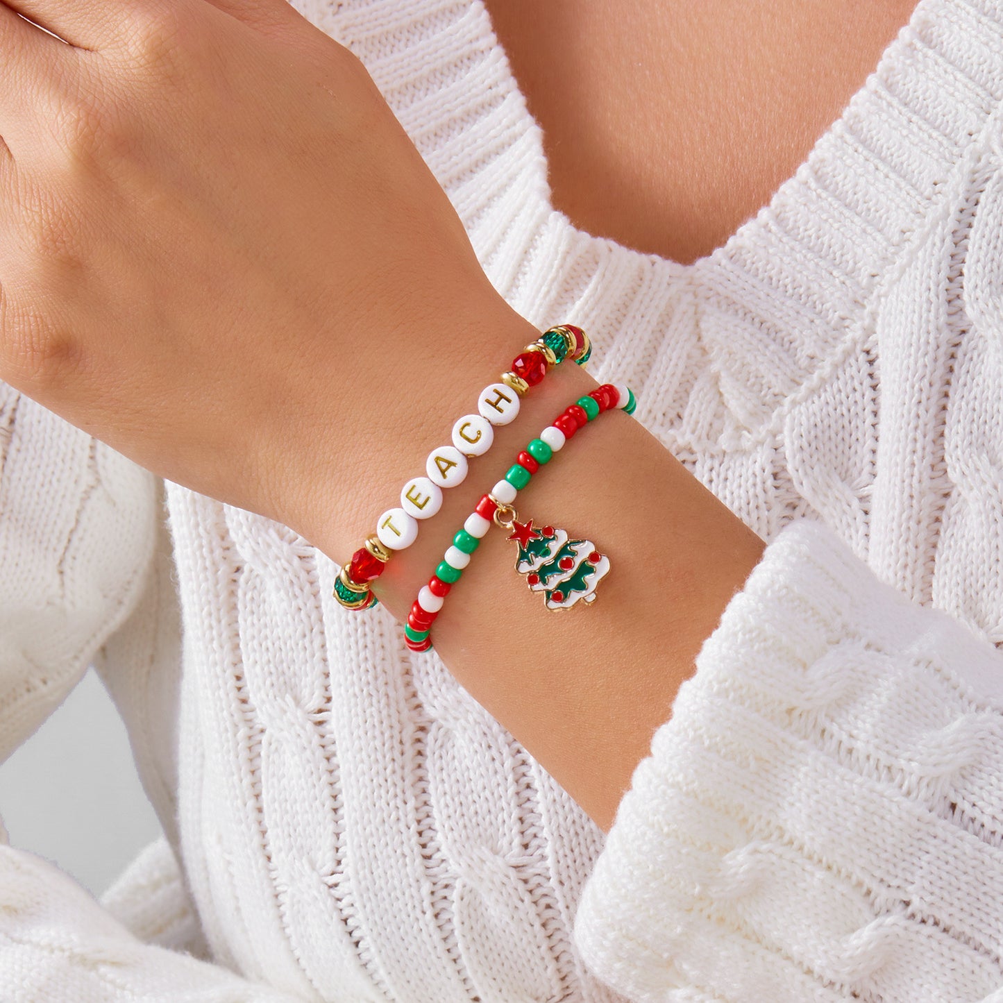 Christmas-Themed Handcrafted Alloy Bracelet Set with Snowflake Santa Tree Bell and Wreath Beads for Women