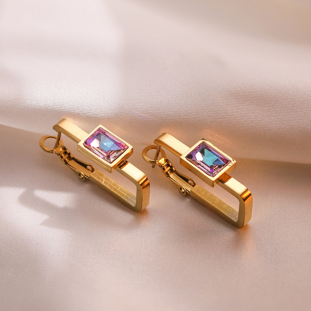Minimalist Geometric Titanium Steel Earrings for Women with Rhinestone Inlay and Gold Plating