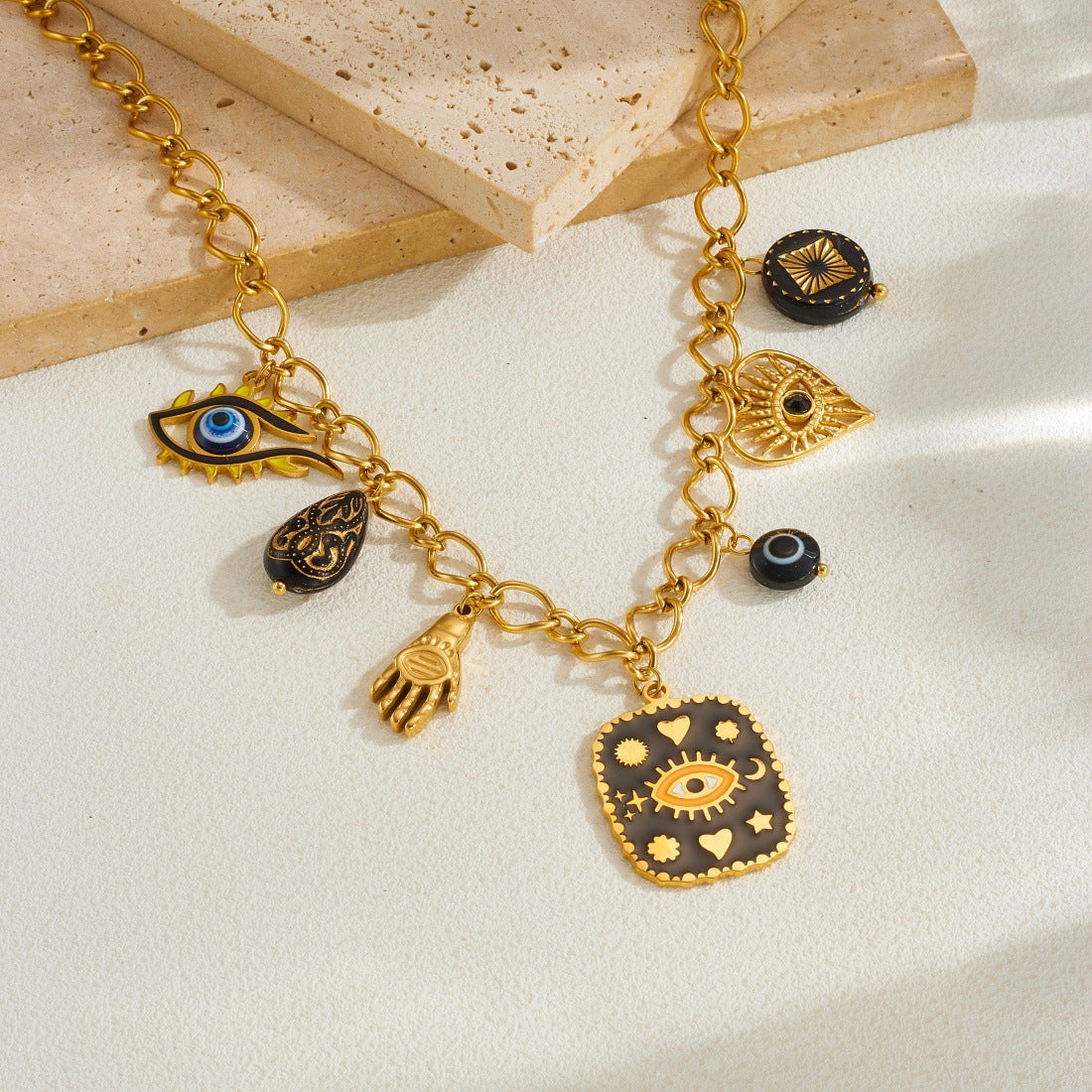 Gothic Drip Oil Gold Plated Stainless Steel Square Round Heart Geometric Eye Palm Necklace for Women