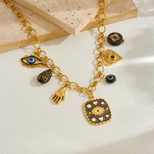 Gothic Drip Oil Gold Plated Stainless Steel Square Round Heart Geometric Eye Palm Necklace for Women