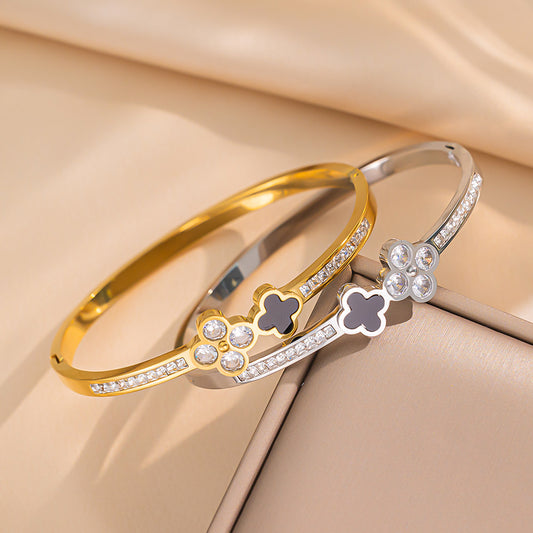 Minimalist Clover-Shaped Titanium Steel Bracelet with Rhinestone Inlay and Mother-of-Pearl Accents for Women