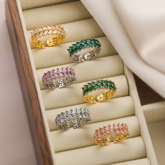 Minimalist Geometric Open-End Wheat Sheaf Ring for Women in Brass with Real Gold Plating and Zircon Inlay