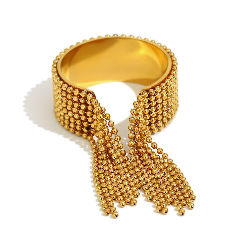 Minimalist Geometric Stainless Steel Plated 18K Gold Beaded Tassel Wide Cuff Bracelet for Women
