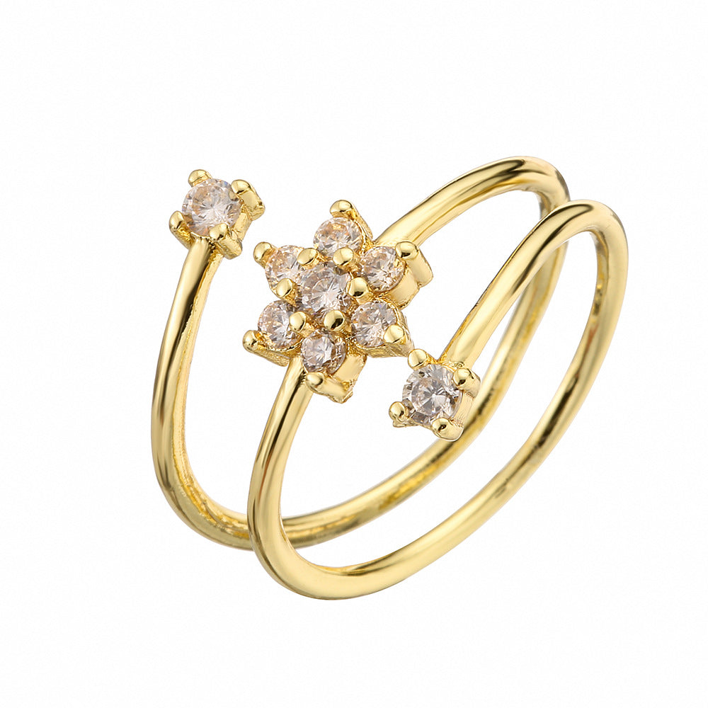 Anello aperto da donna a fiore geometrico minimalista in rame con zirconi micro-pavé