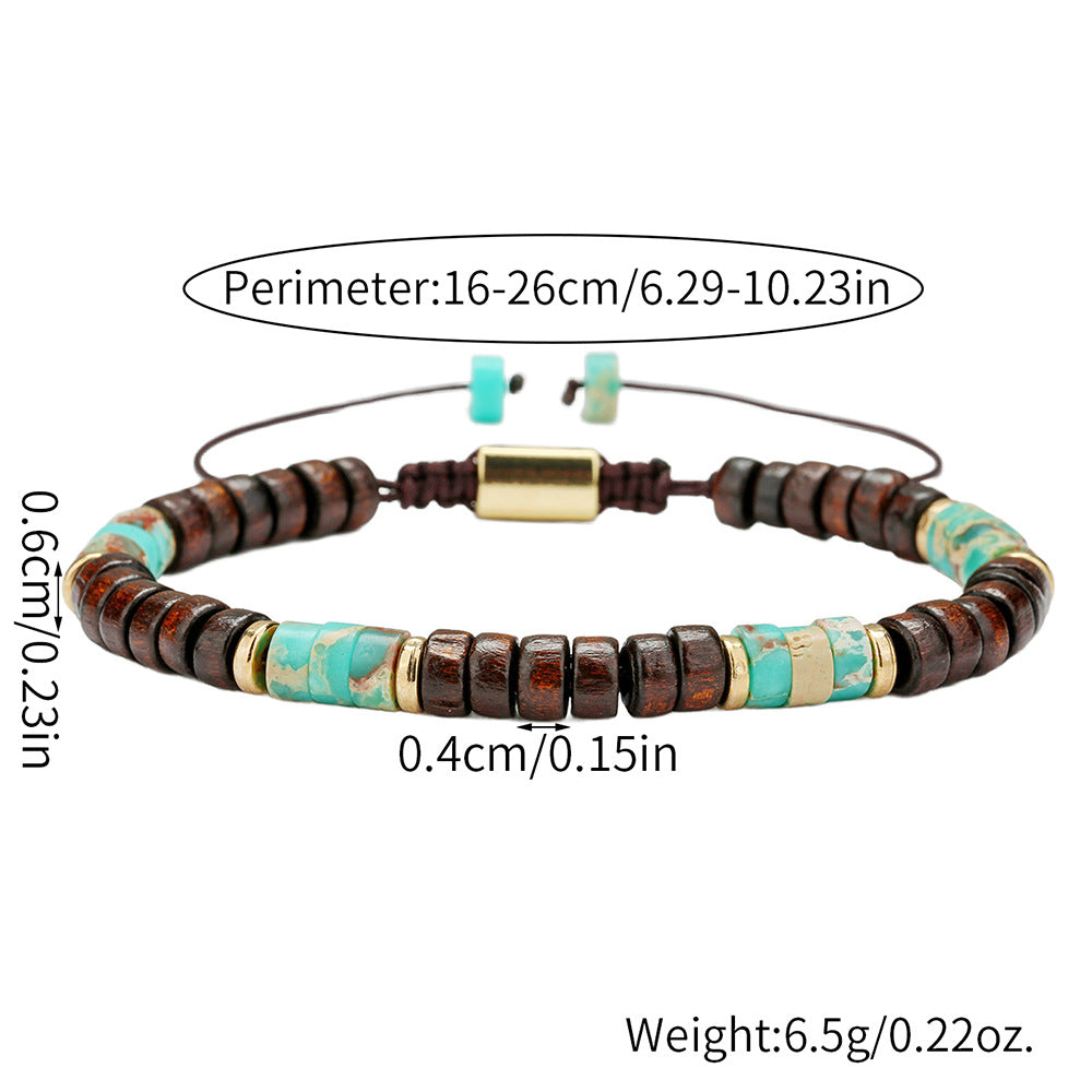 Bohemian Geometric Round Wood and Gemstone Beaded Bracelet for Men and Women