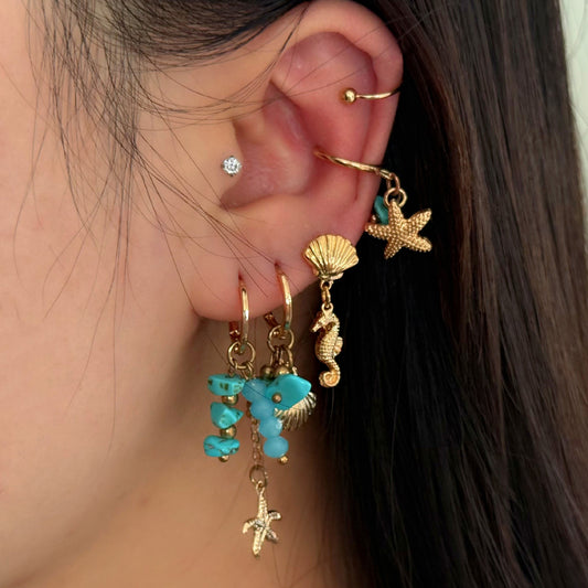Pendientes geométricos con forma de estrella y borla, estilo retro vacaciones, con colgante turquesa, para mujer